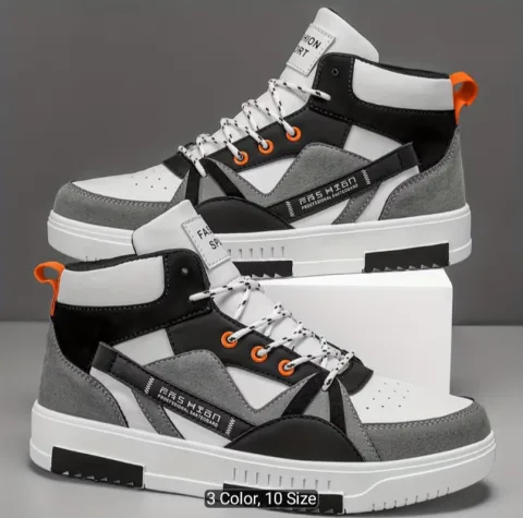 Men's Letter Pattern Contrast Lace-Up Sports Comfortable Skateboard Shoes Outdoor Anti-Slip High-Top Athletic Hiking Shoes Daily Versatile Outdoor Sports